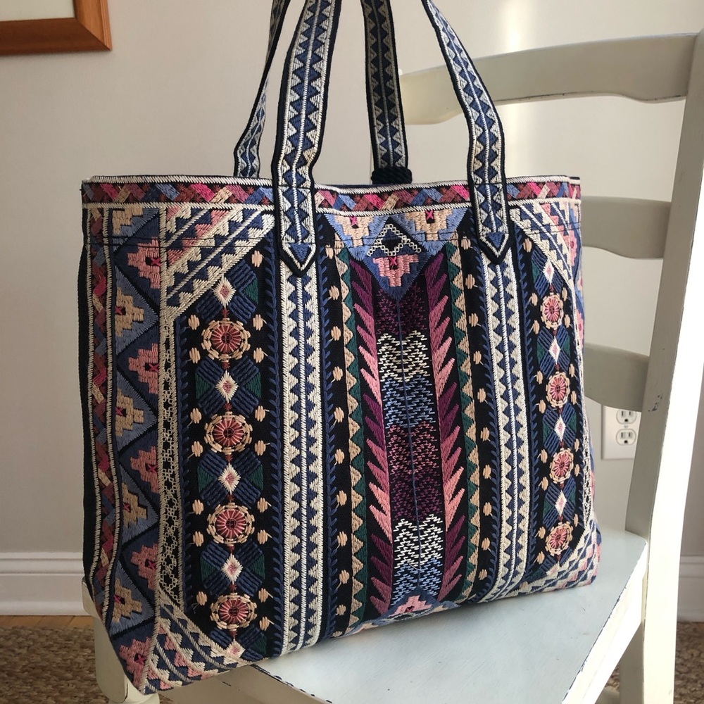 New: Johnny Was Embroidered Tote with Pom Tassels - Picture 6 of 14
